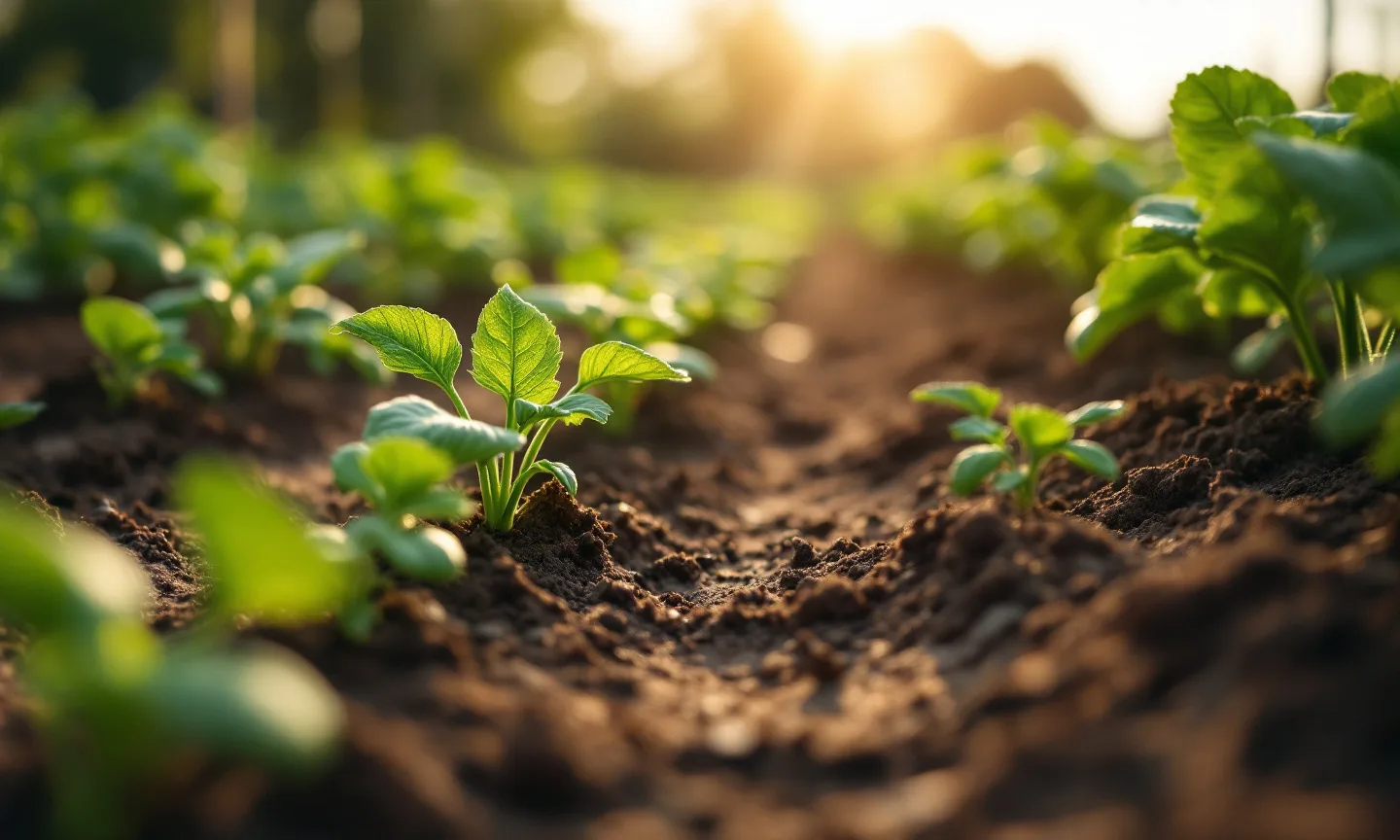 Young vegetables emerging in a kitchen garden